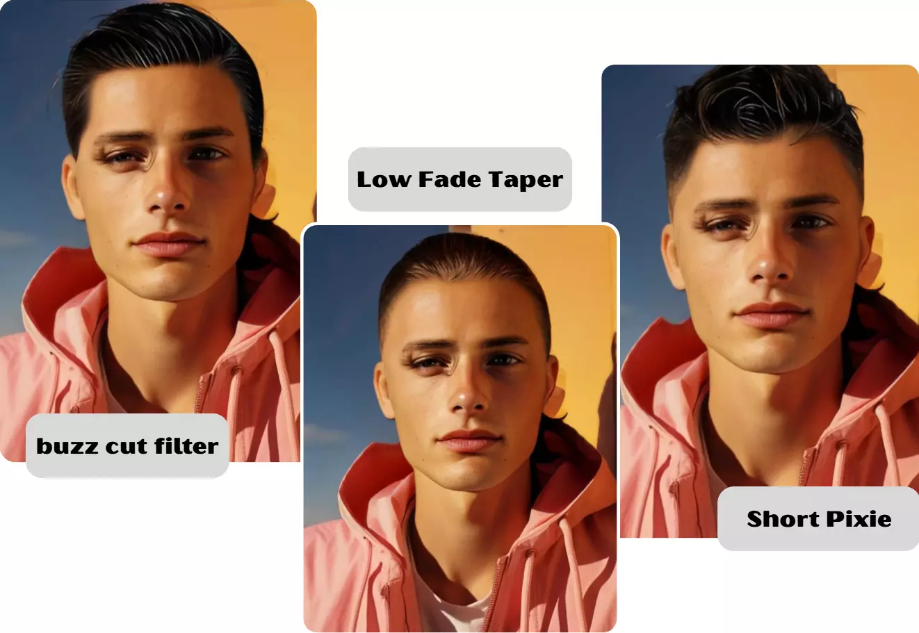 Before and after hairstyle comparison showing woman trying different haircuts with AI technology