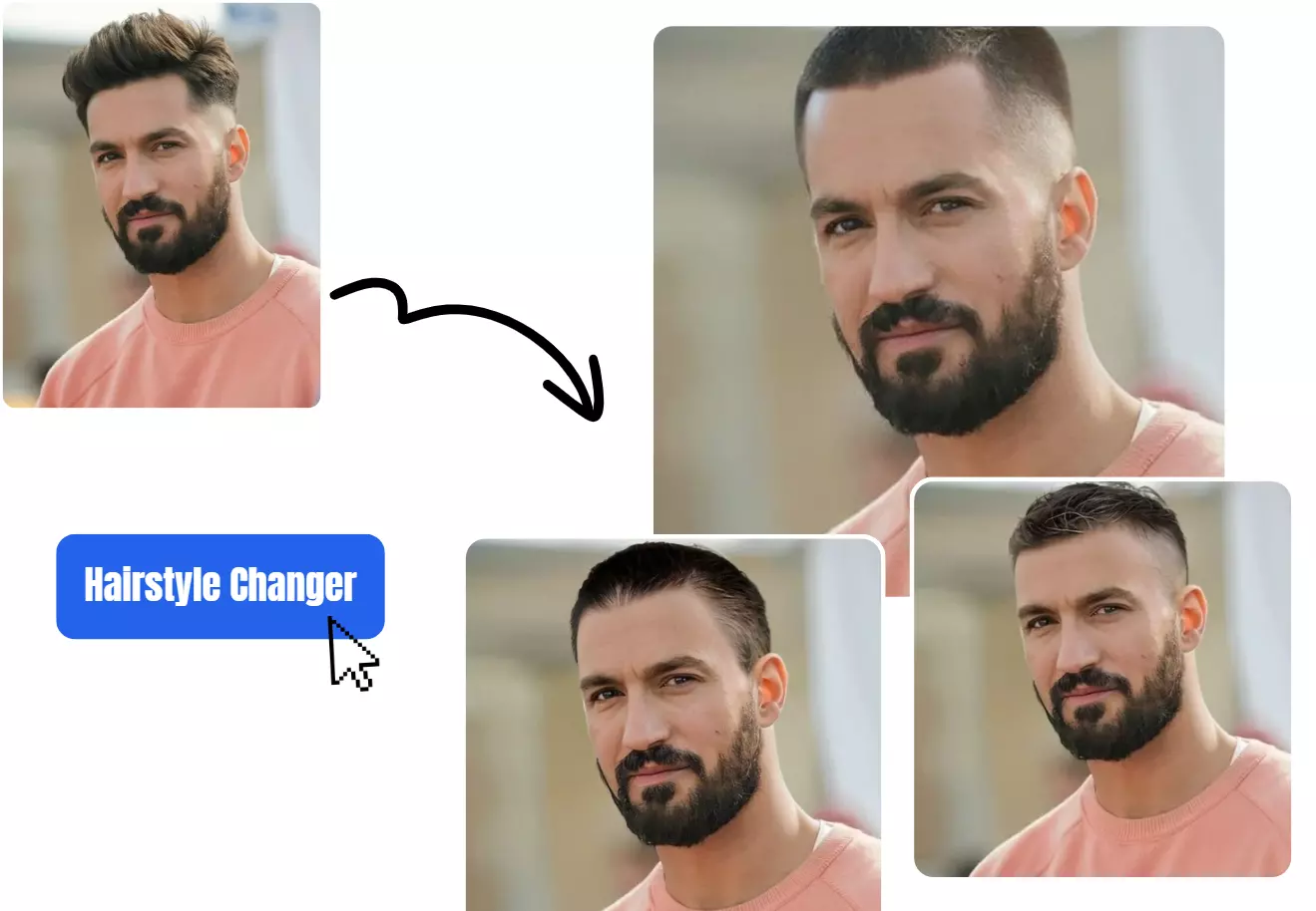 Virtual Try-On interface showing multiple hairstyle variations on the same person with colorful background
