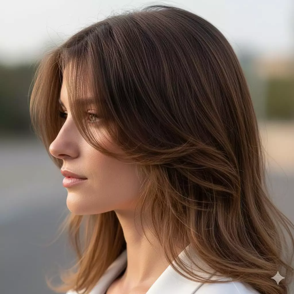 Alt: Side profile of long hair with soft butterfly layers and framing pieces adding movement