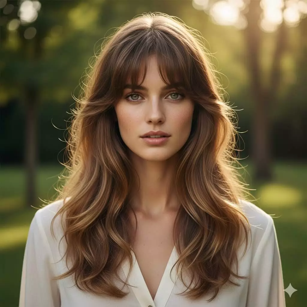 Alt: Long hair styled with trendy soft curtain bangs and glossy finish