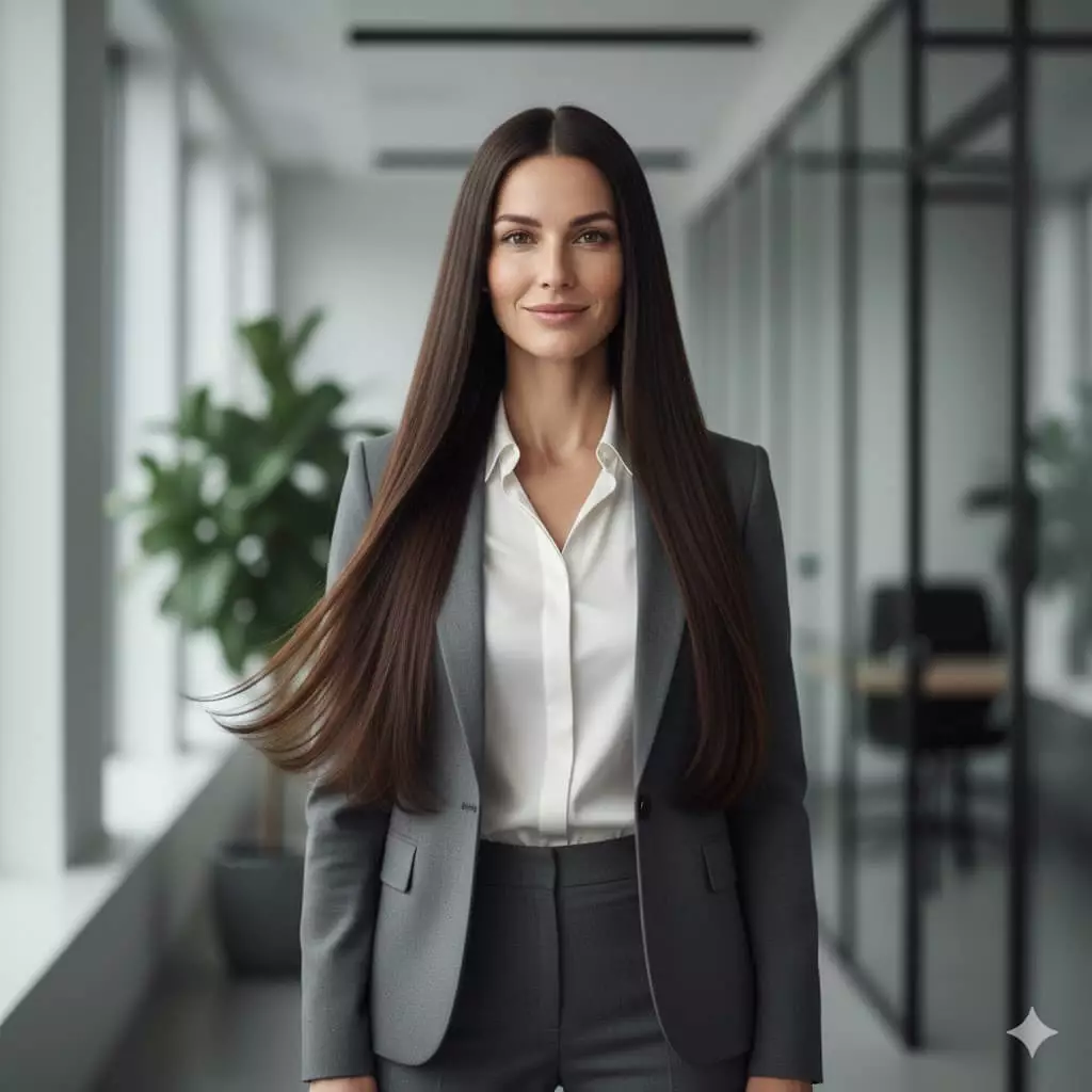 Alt: Confident professional with sleek long hair in a modern office environment