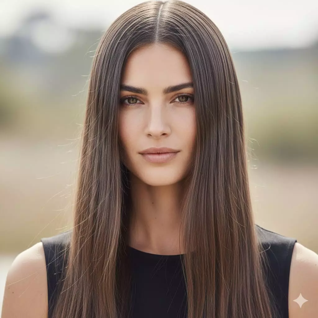Alt: Model with ultra-long straight hair featuring liquid shine and blunt ends in soft lighting