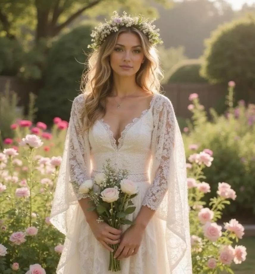 Alt: Bride with soft mermaid waves and delicate accessories in elegant wedding setting