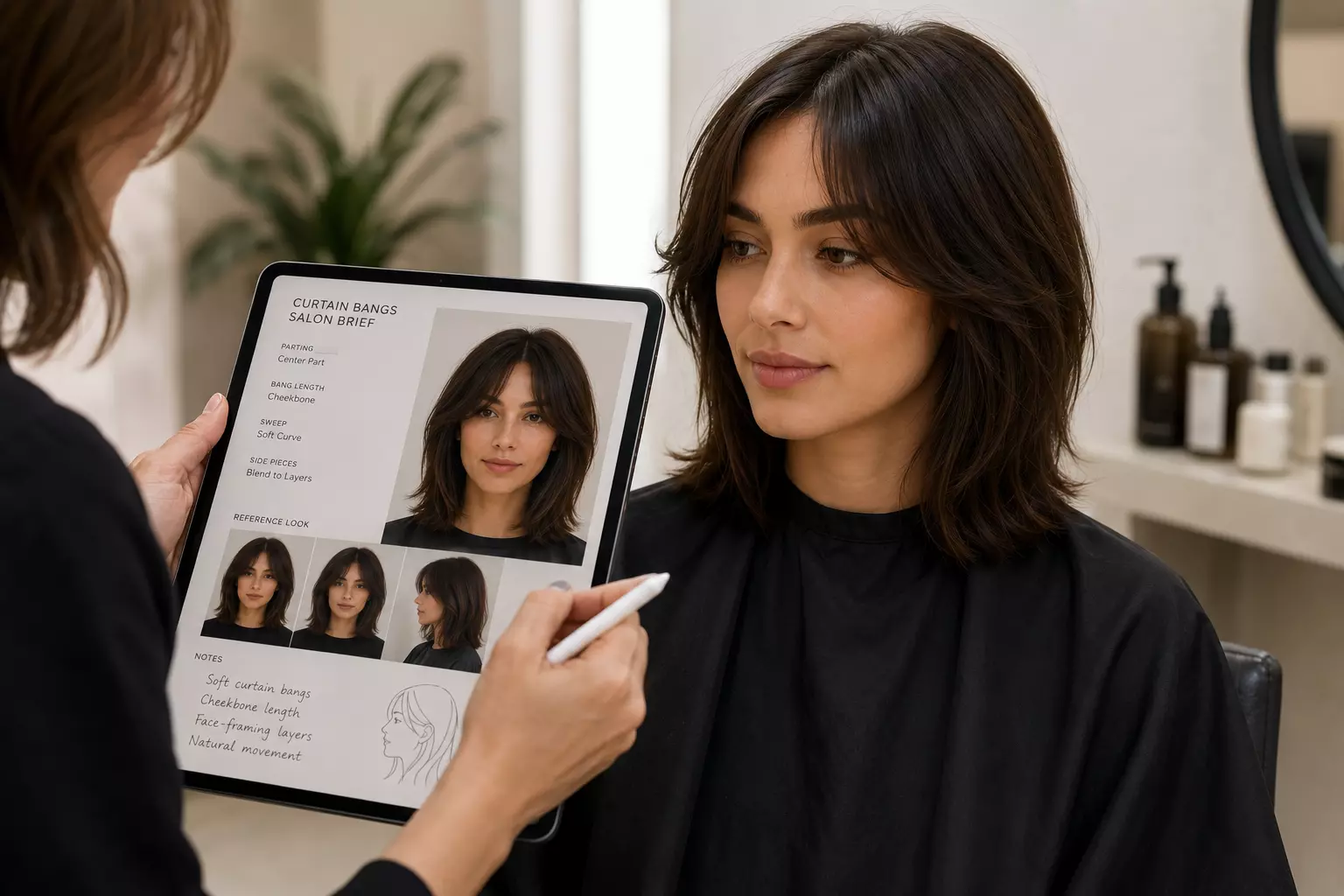Curtain bangs salon brief for front layers