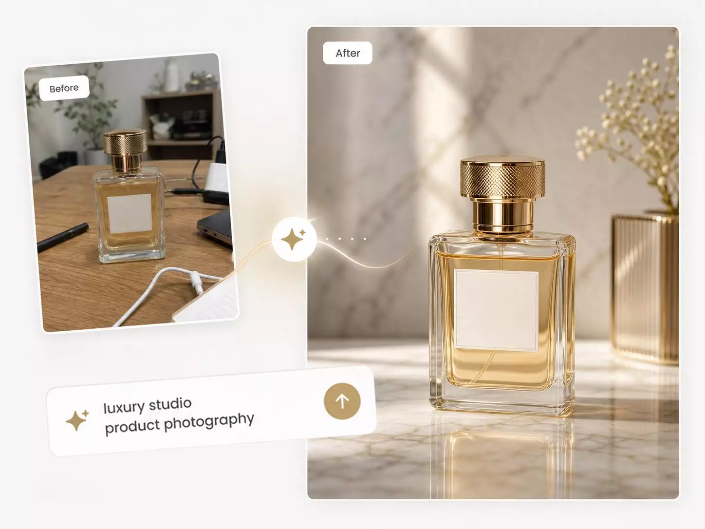 AI product background generator — e-commerce product photo transformed into a luxury marble spa setting with rolled towels and bonsai tree