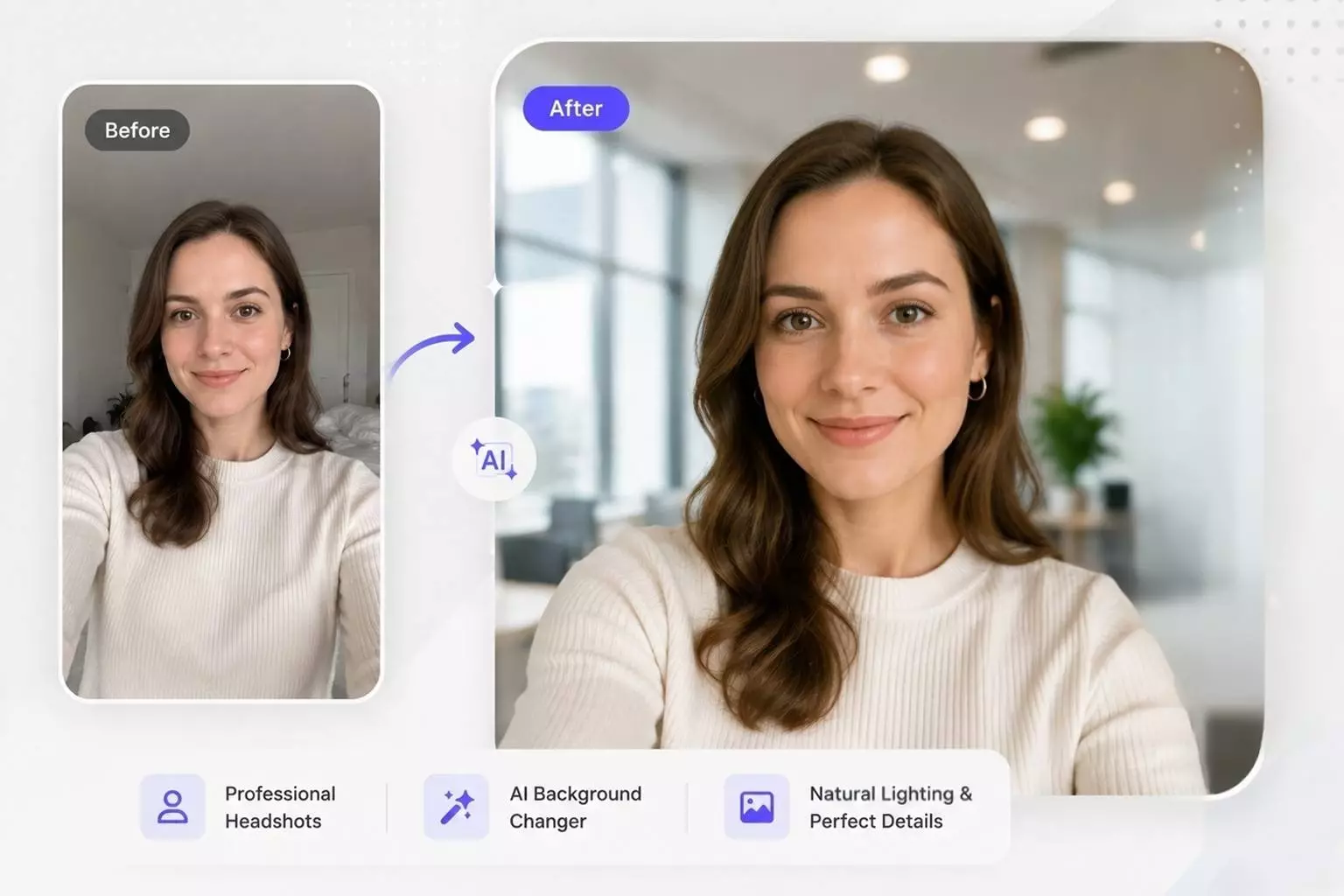 Change LinkedIn photo background with AI — selfie transformed into polished professional headshot in modern glass office