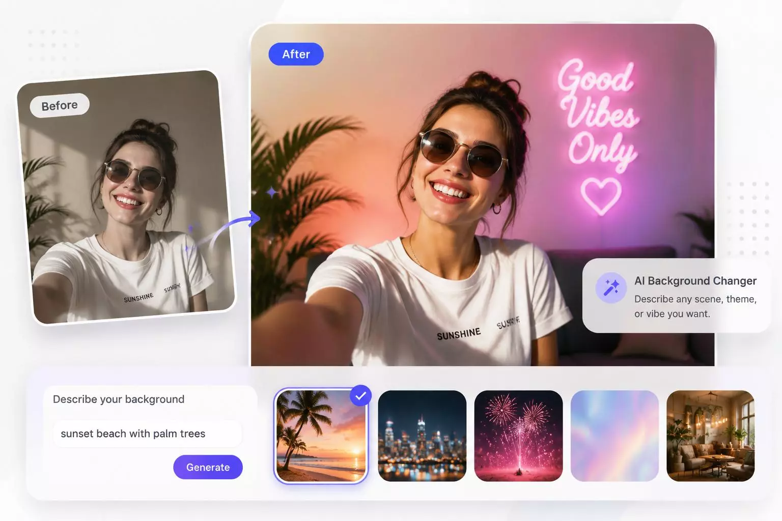 AI background replacer — social media selfie transformed into vibrant pink neon vibe