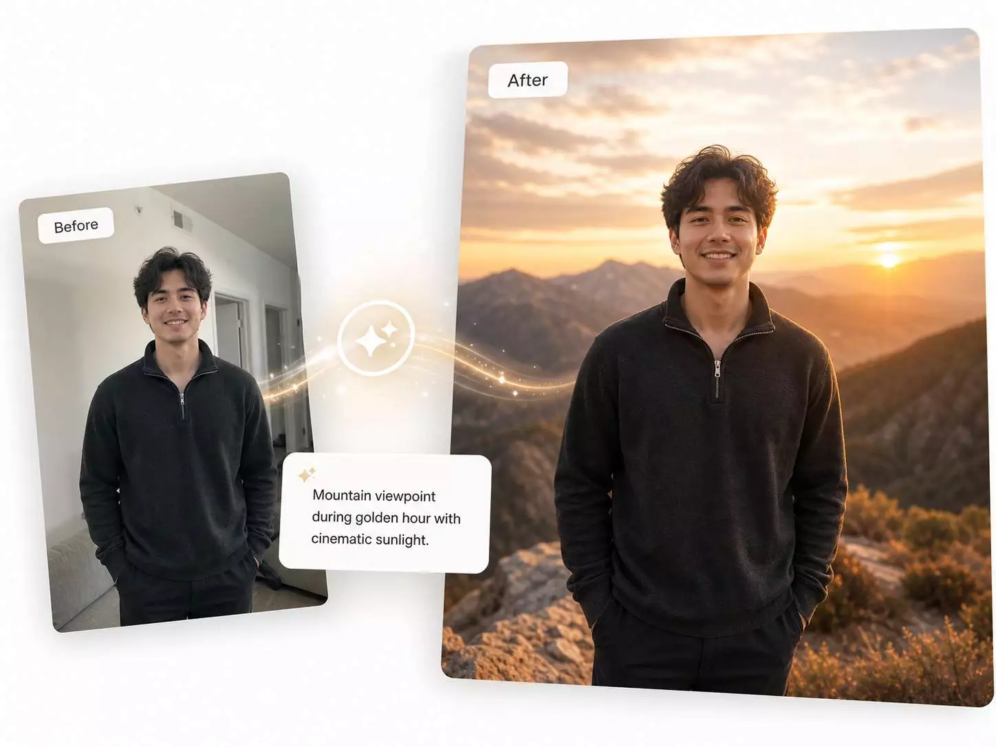 Replace photo backdrop with AI — indoor photo transformed into a mountain viewpoint at golden hour