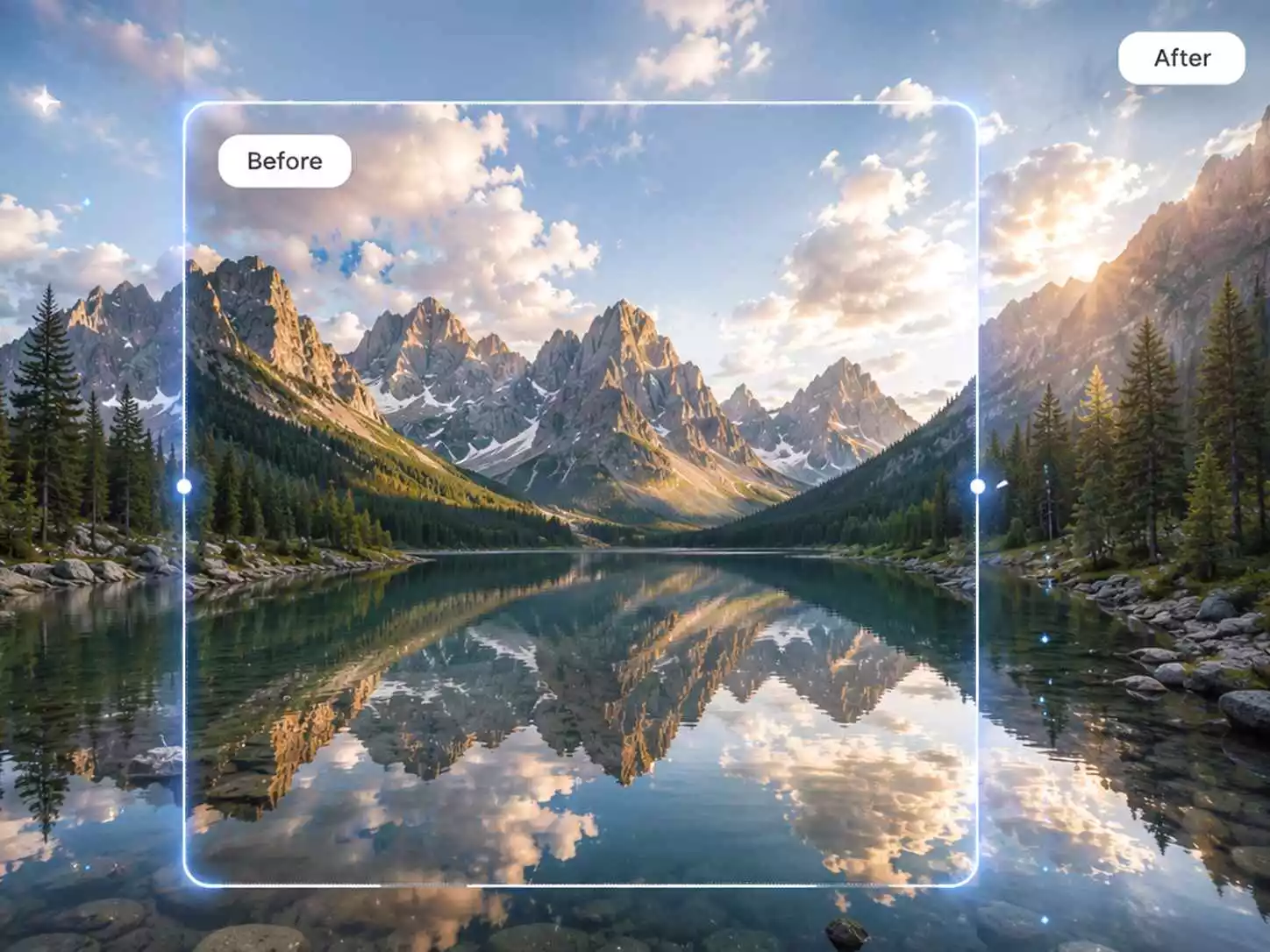 AI outpainting seamlessly expanding a landscape to panoramic
