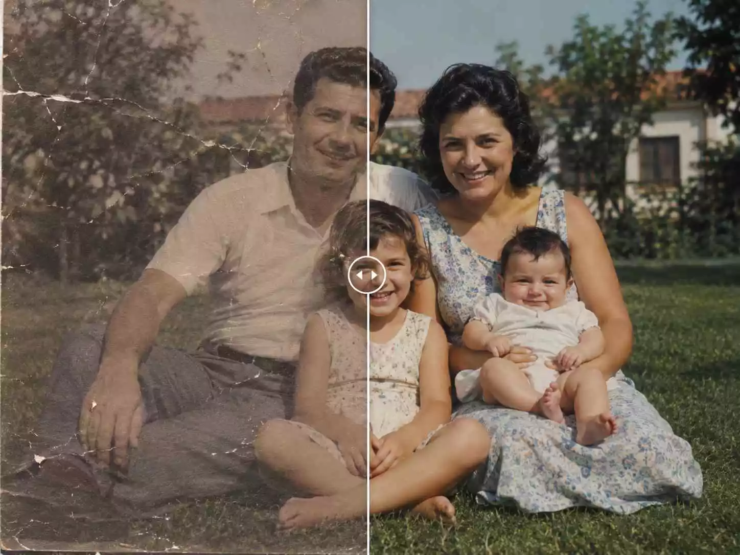 AI restoring an old low-resolution family photo with enhanced clarity and repaired details
