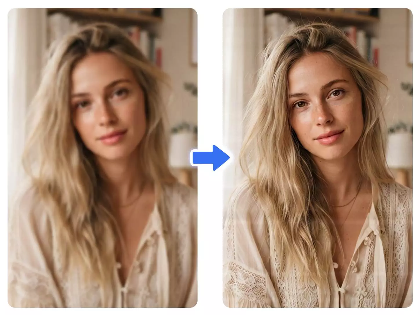 AI image upscaler improving portrait photo resolution and fine facial details