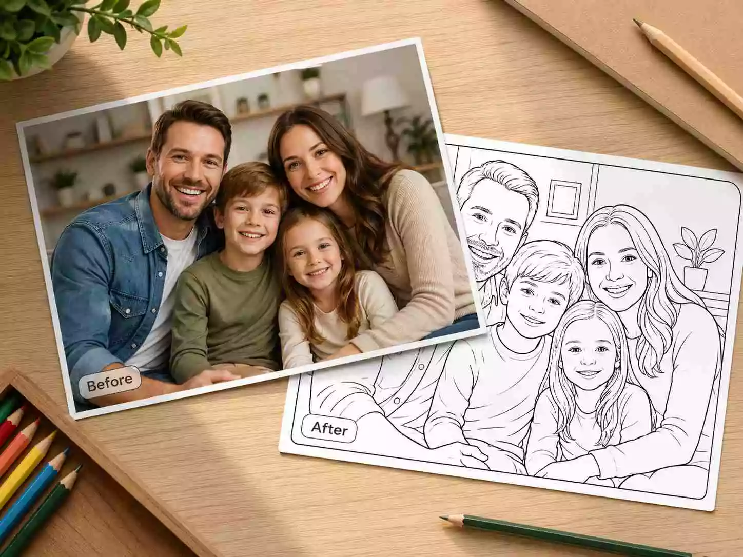 AI photo to coloring page converter turning a portrait into printable line art