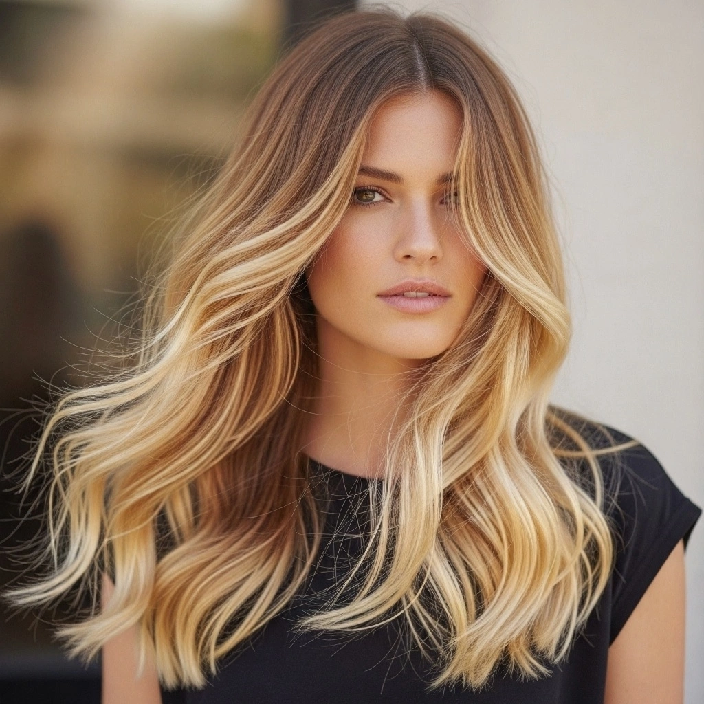 Blond Balayage na długich falowanych włosach