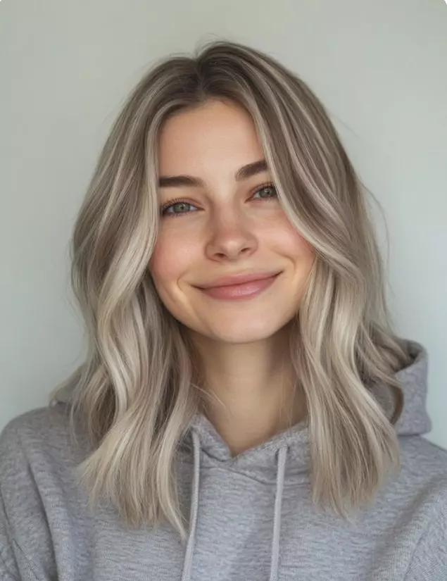 Popielaty Balayage na włosach średniej długości z chłodnymi szarawoblond pasemkami