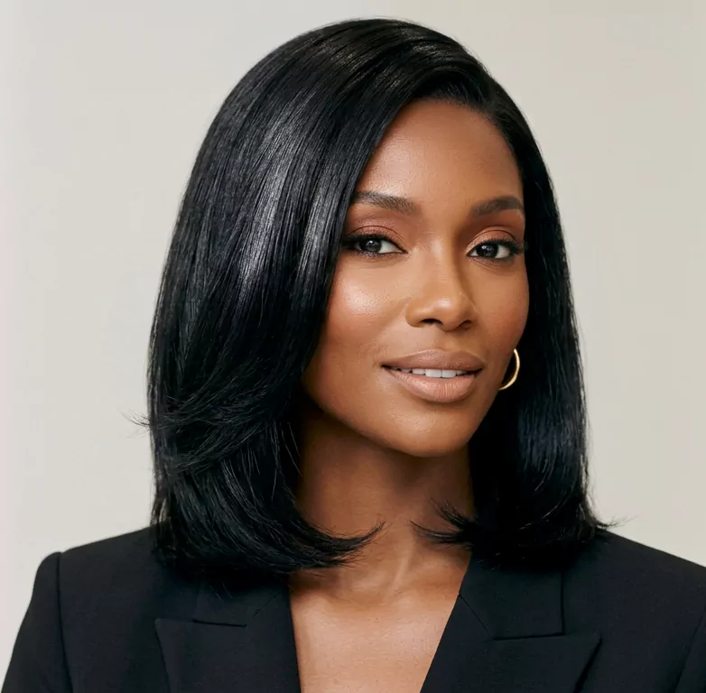Long black bob hairstyle with sleek finish and layered ends
