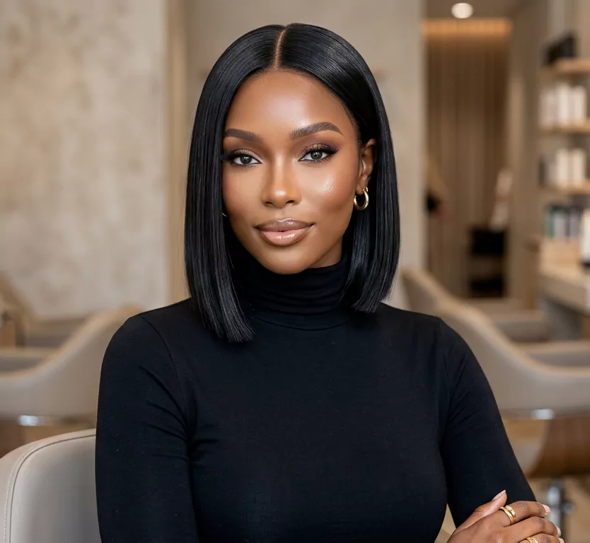 Sleek blunt black bob hairstyle with middle part and glossy finish