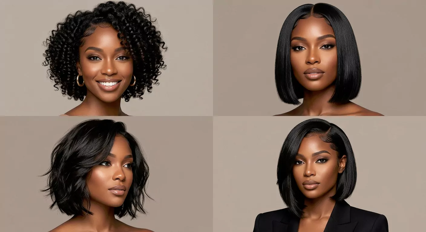 Black bob hairstyles featuring short curly bob, sleek blunt bob, layered bob cut, and side-part weave bob