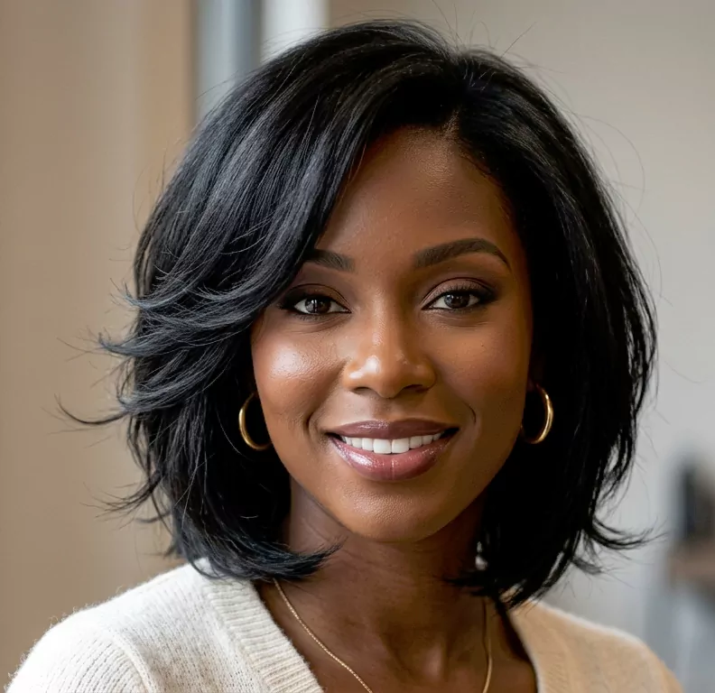 Layered black bob hairstyle with airy texture and soft movement