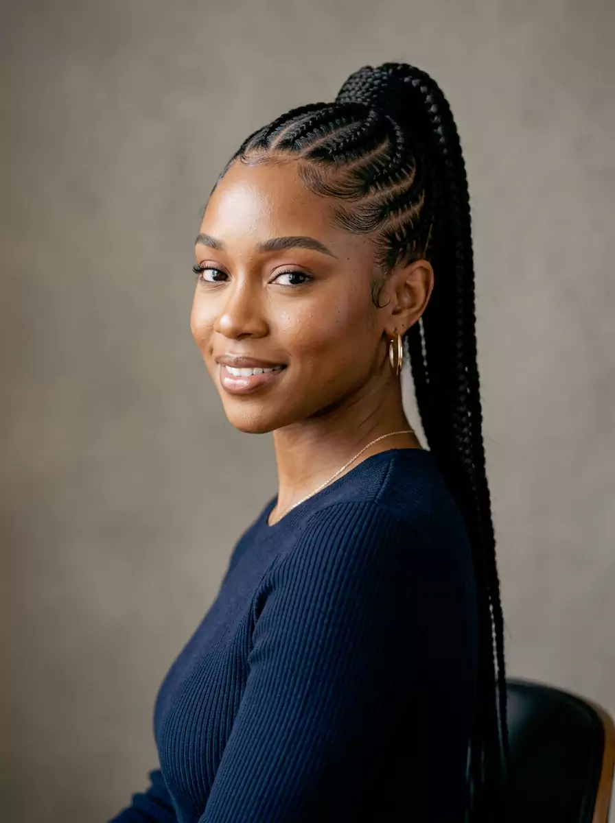 Braided ponytail placeholder — braided ponytail hairstyle for Black women with sleek edges, long braided tail, and a lifted polished silhouette