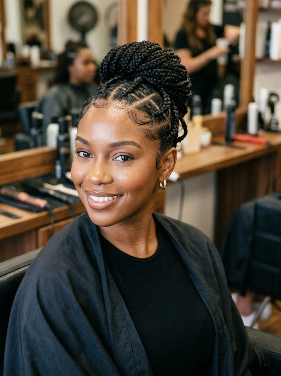 Braided updo placeholder — braided updo hairstyle for Black women with sculpted bun placement, neat parting, controlled edges, and an elegant formal finish