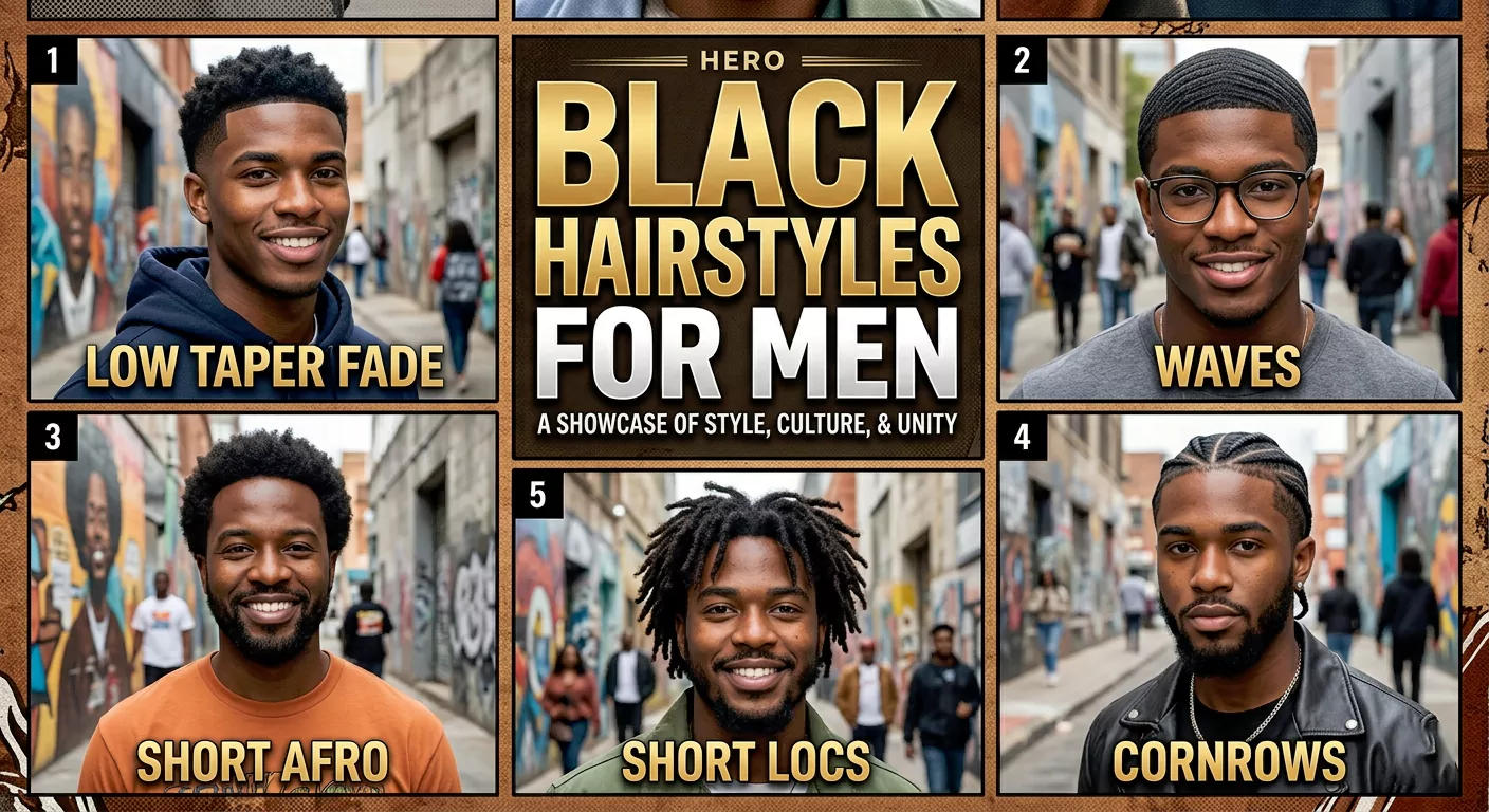 Black hairstyles for men hero collage with a low taper fade, waves, short afro, cornrows, and short locs
