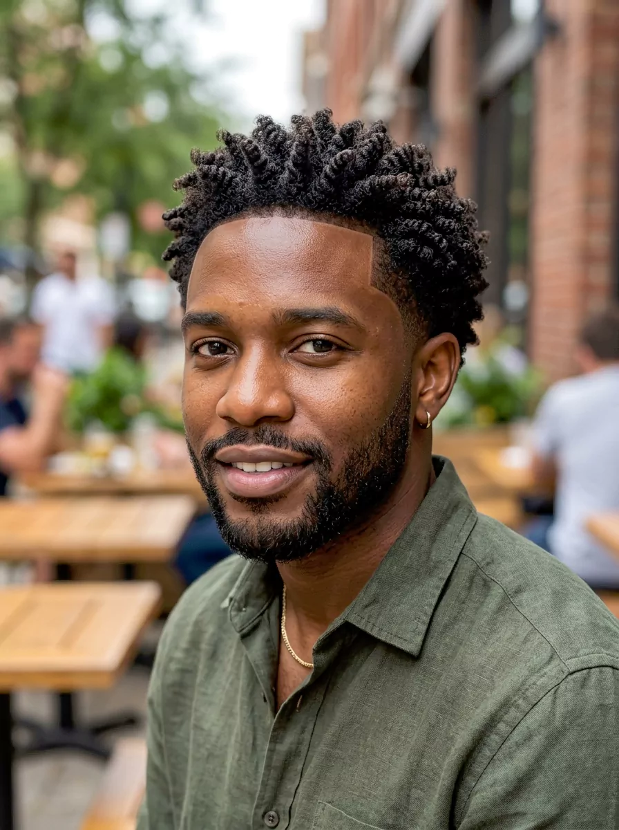 Black men natural hairstyles with a shaped short afro, defined curls, sponge twists, and a subtle taper outline