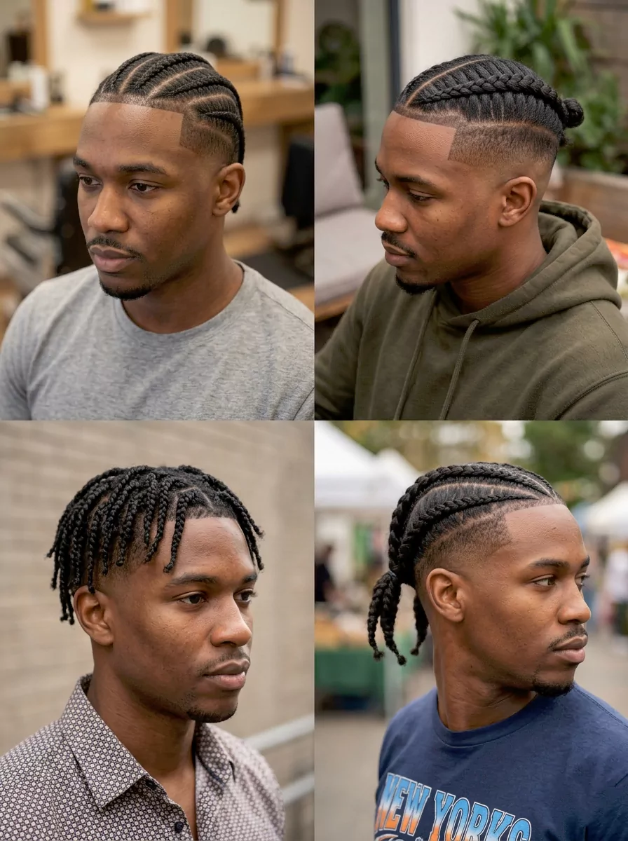 Black men braid styles with straight-back cornrows, two braids, short individual braids, and a taper-fade finish