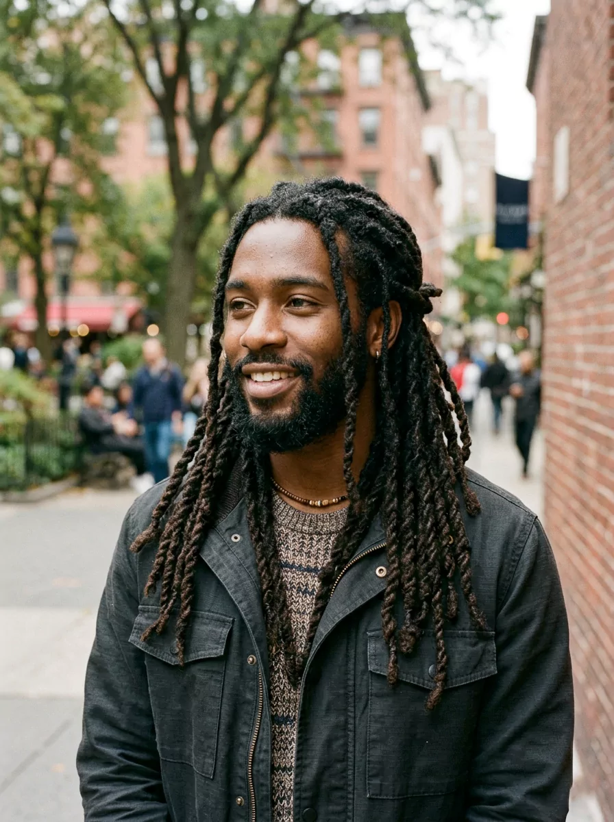 Long hairstyles for black men with medium locs, longer twists, longer braids, and a shaped stretched-texture silhouette