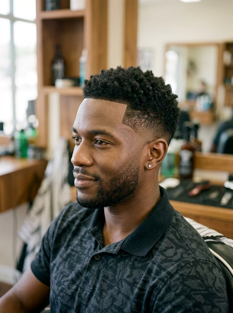 Low taper fade for black men with clean temple taper, sharp lineup, natural texture on top, and a balanced professional finish