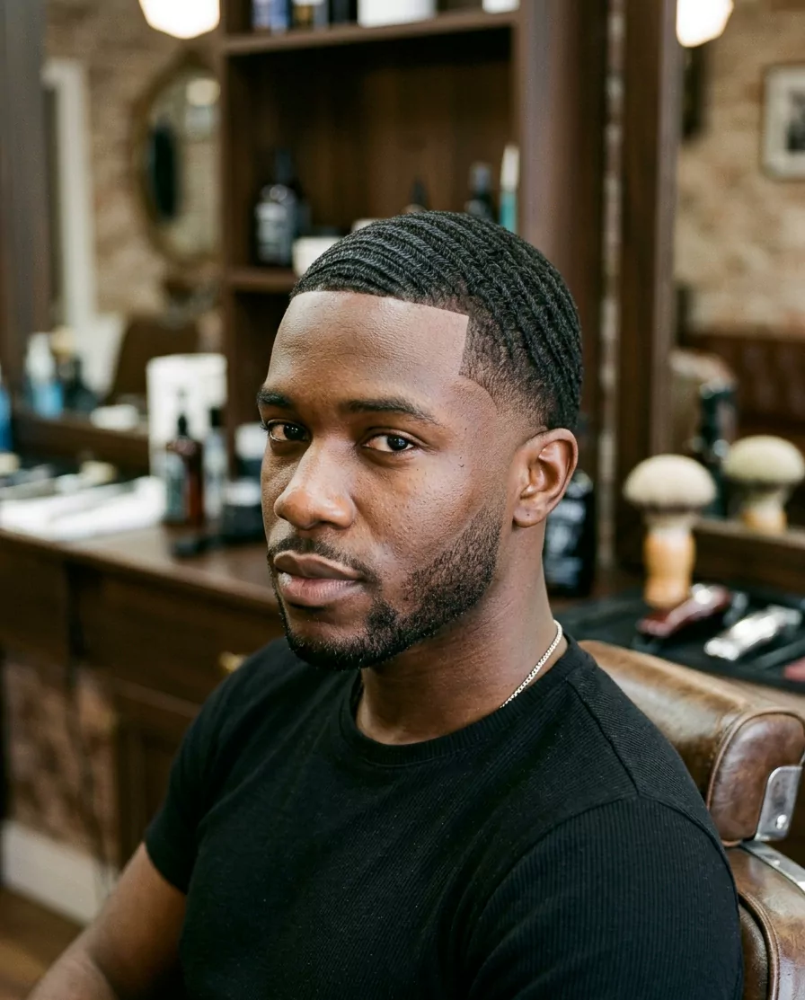 360 waves for black men with defined wave pattern, crisp hairline, low taper edges, and a clean polished finish