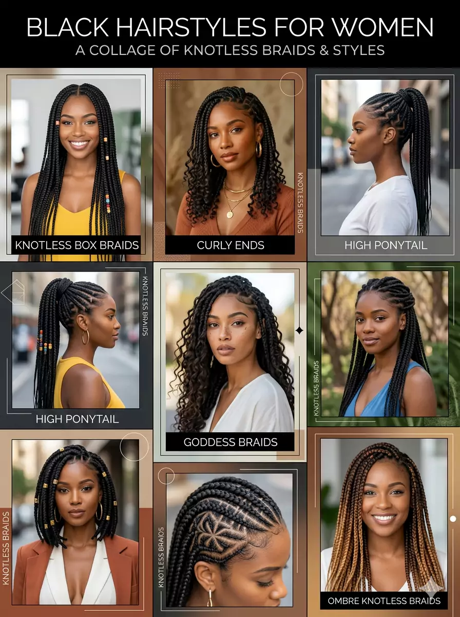 Black hairstyles for women collage with knotless braids, natural curls, sleek ponytail, braided bun, and a short bob