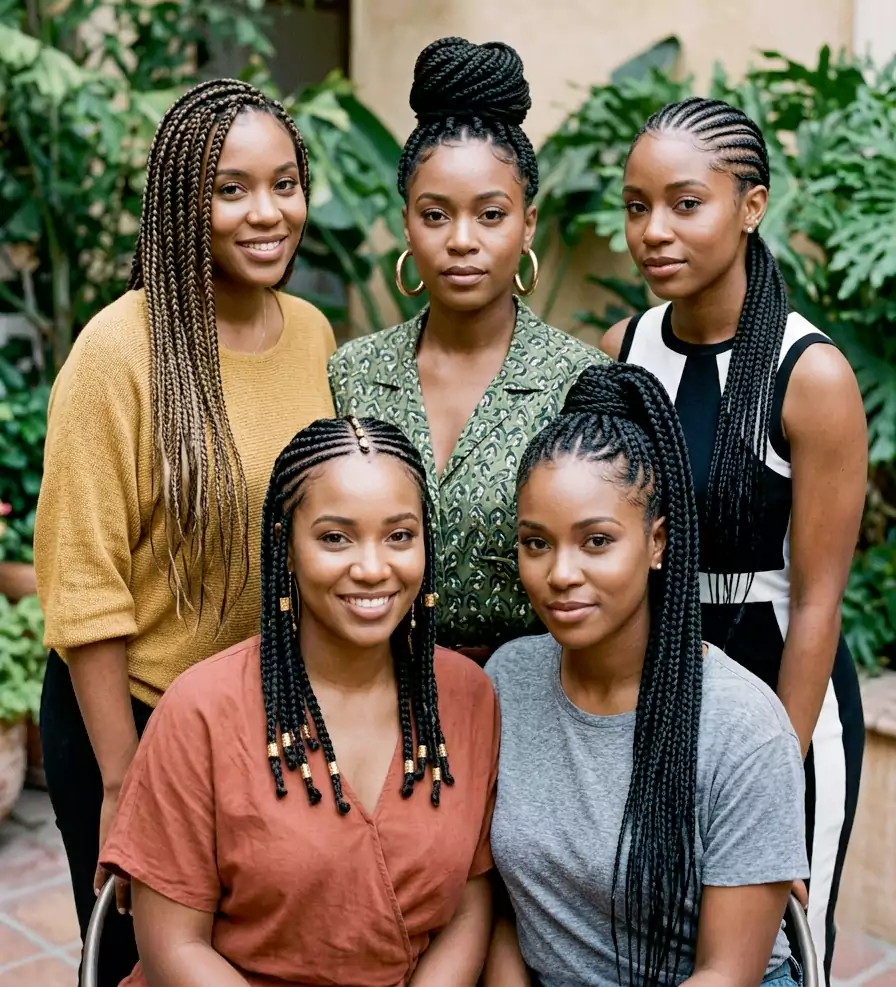 Braided black hairstyles for women with knotless braids, braided bun, cornrows, Fulani braids, and a braided ponytail