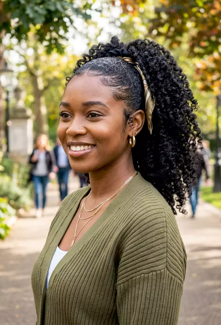 Curly black hairstyles for women with rounded curls, curly bob, shoulder-length curls, and a curly ponytail
