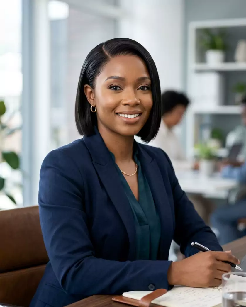 Professional black hairstyles for women with a sleek ponytail, low bun, silk press, and a smooth side-part bob
