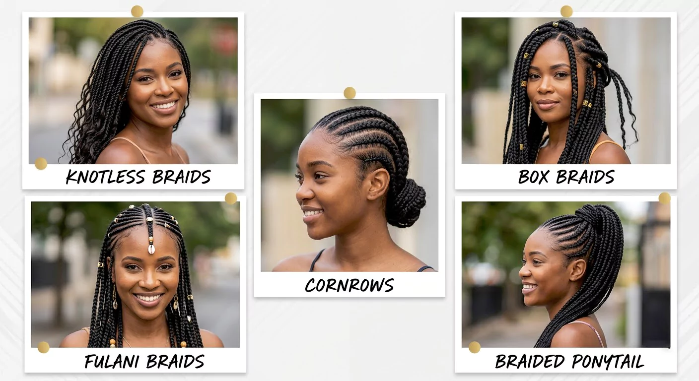 Black braided hairstyles collage with knotless braids, box braids, cornrows, Fulani braids, and braided ponytail