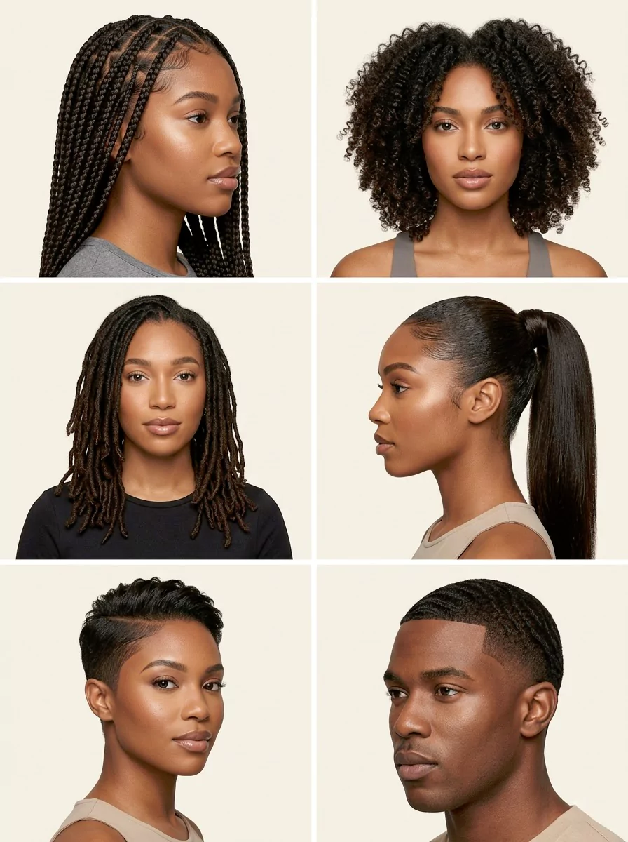 Black hairstyles collage featuring braids, natural curls, locs, sleek ponytails, short cuts, and men’s styles