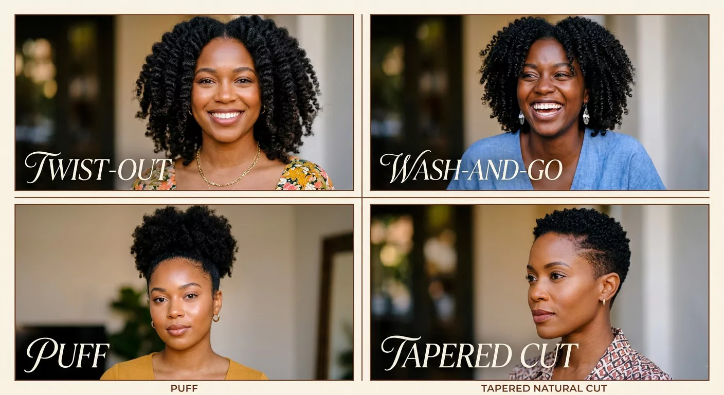 Natural black hairstyles collage with twist-out, wash-and-go curls, puff, and tapered natural cut