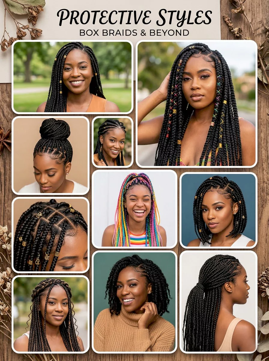 Protective black hairstyles collage with knotless braids, box braids, twists, faux locs, and braided updo