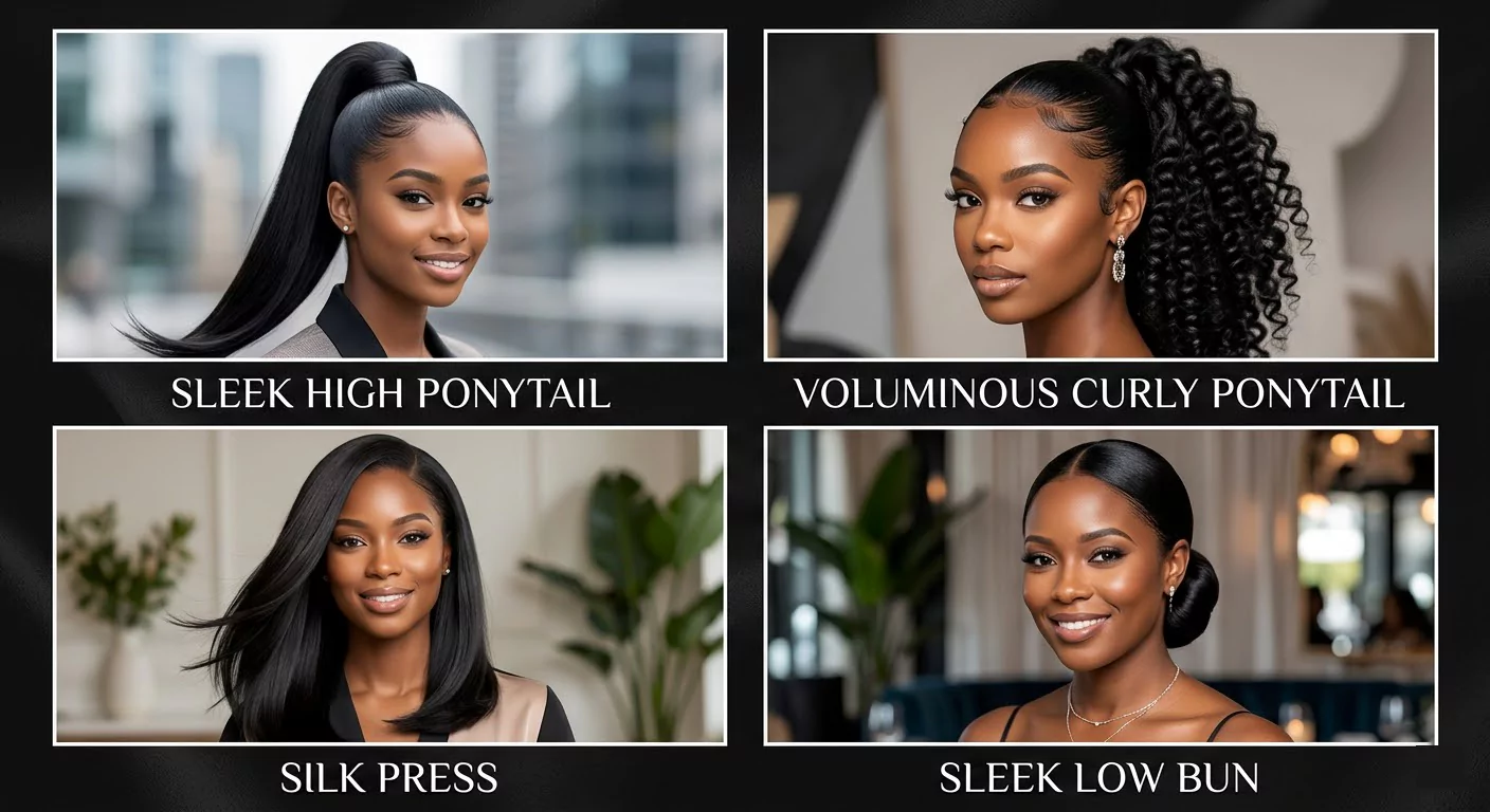 Sleek black hairstyles collage with sleek ponytail, curly ponytail, silk press, and low bun