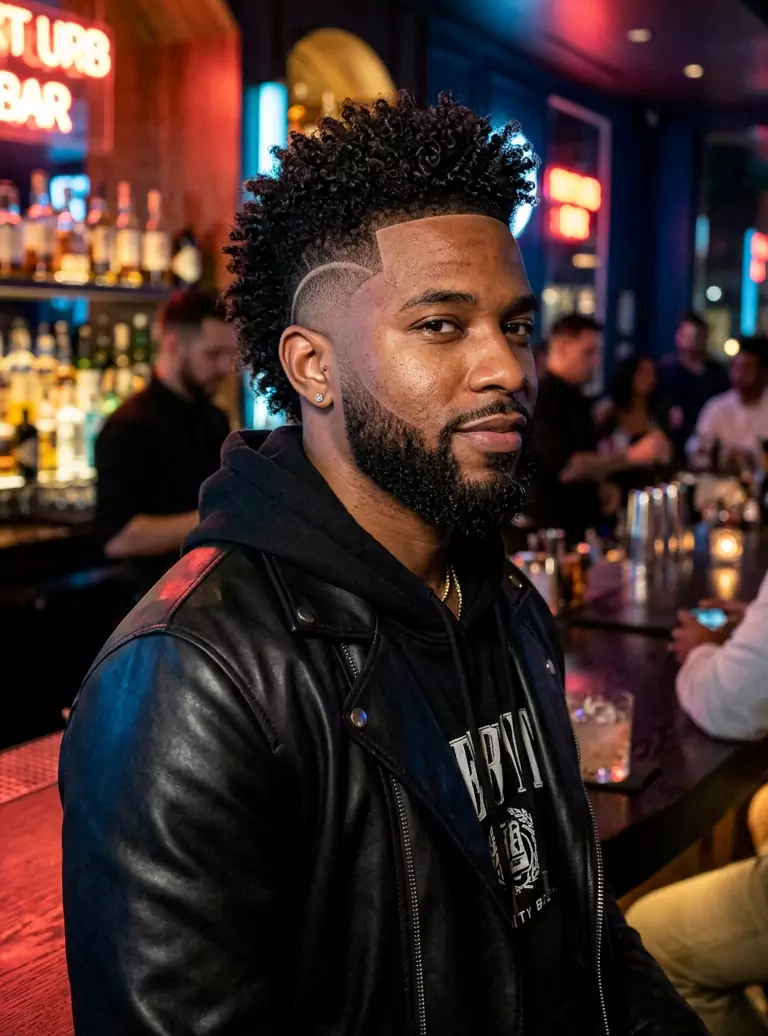 Burst fade haircut for Black men with curly mohawk hairstyle