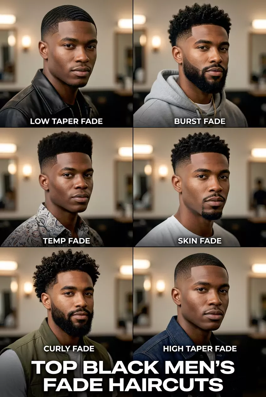 Black men fade haircuts collage featuring low taper fade, burst fade, temp fade, skin fade, and curly fade hairstyles