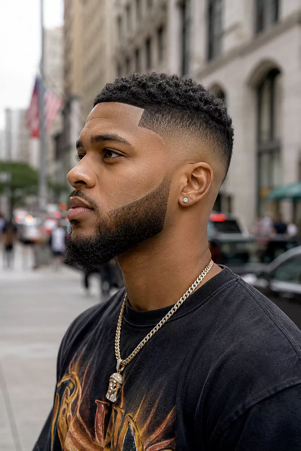 Skin fade haircut for Black men with sharp beard and clean hairline