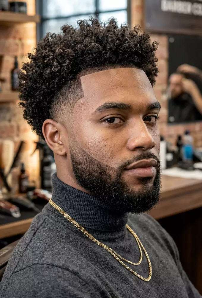 Temp fade haircut for Black men with textured curls and beard blend
