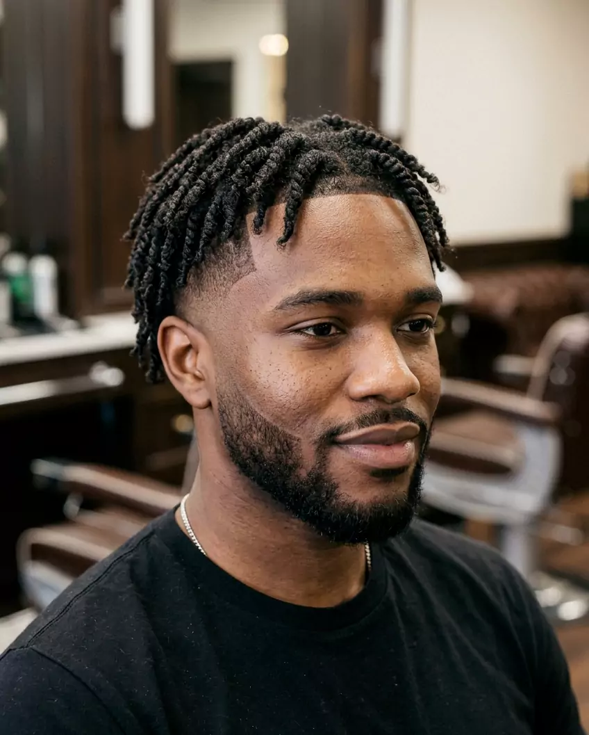 Twist hairstyle for Black men with taper fade and clean edges