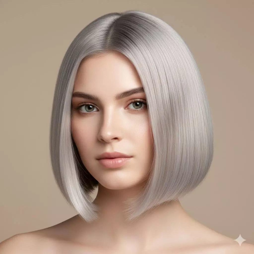 Woman with fine straight ash-blonde hair in a soft A-line bob for 2026, longer front pieces reaching collarbone with subtle graduation from shorter stacked back, hidden internal layers for root lift and crown volume, gentle face-slimming angle and textured ends creating height and thickness on thin hair while flattering round or square faces.