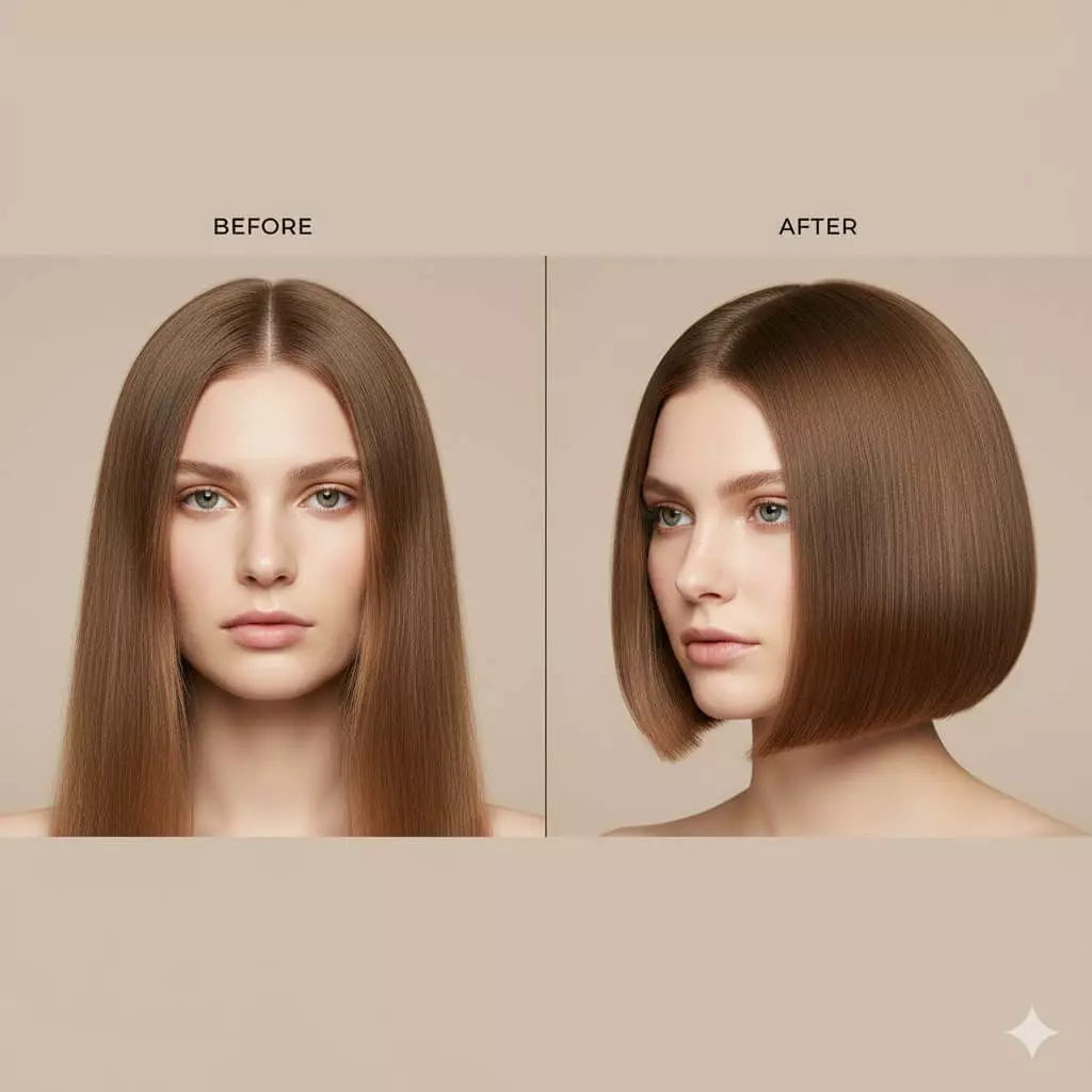 Side-by-side before-and-after comparison of a woman with fine hair: left shows limp, flat long grown-out hair lacking volume; right displays transformative blunt chin-length bob with sharp perimeter and invisible layers creating dramatic thickness boost and full-bodied 2026 appearance.