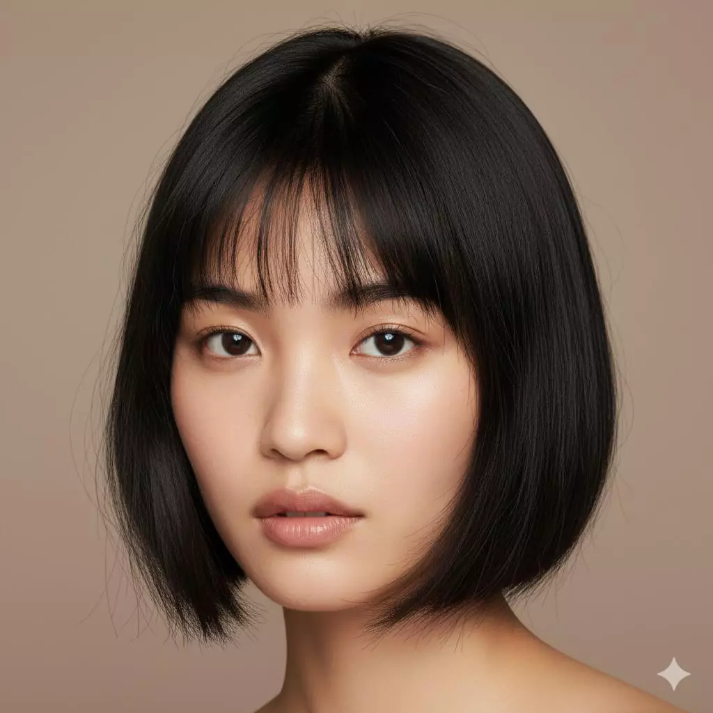 Close-up of a woman with fine straight black hair in a jaw-length micro-textured French bob for 2026, delicate piecey point-cut ends and barely-there texture throughout, subtle micro bangs blending softly, strong perimeter maintaining density while adding effortless Parisian volume and movement on low-density hair.