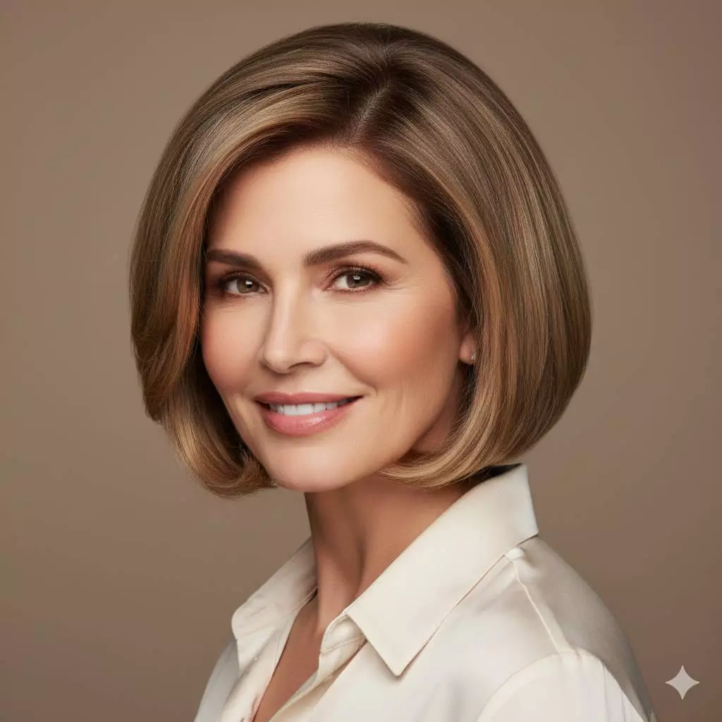 Mature woman over 50 with glossy dark blonde hair in a collarbone-length bob featuring softly curved inward-flipped ends that add body and bounce, subtle crown lift and gentle face-framing pieces for a softening effect around the jaw and cheeks, delivering a classic yet refreshed youthful and feminine 2026 look.