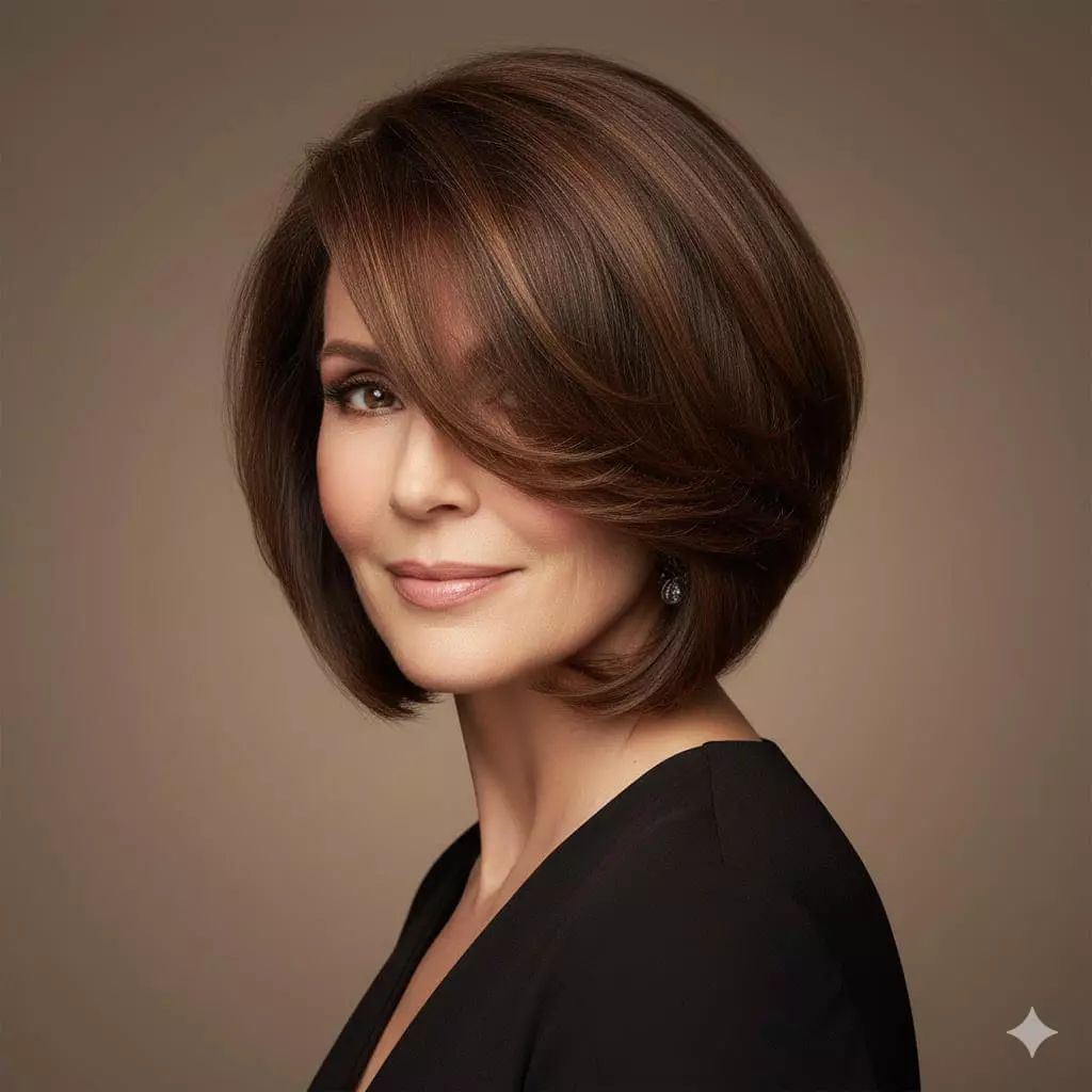 Elegant woman in her 50s with medium-brown hair in a chin-to-collarbone textured bob, deep side part creating asymmetrical face-framing strands, light point-cut texturing throughout for added movement and volume, softening the jawline and adding modern youthful dimension in a flattering 2026 style.