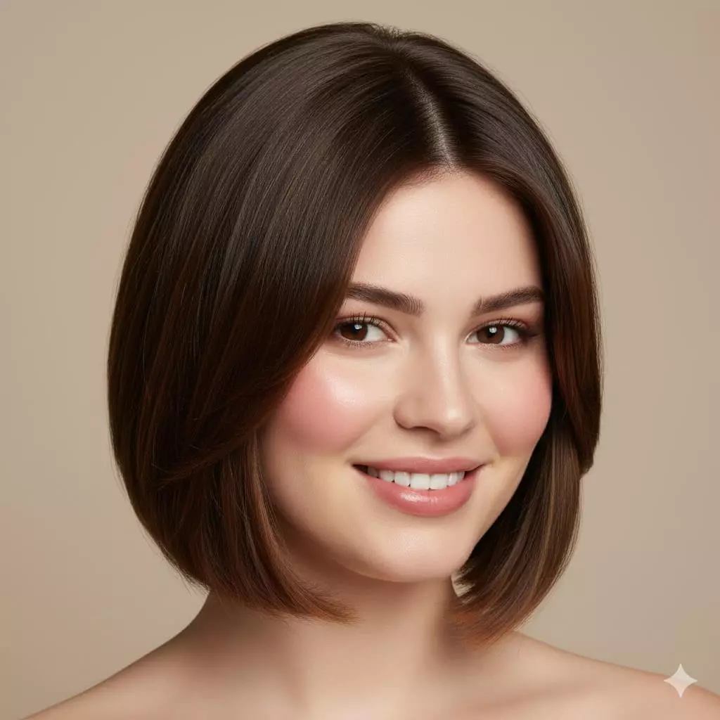 Portrait of a young woman with a round face shape featuring full cheeks and soft jawline, styled in a flattering angled A-line bob with longer front strands reaching collarbone, subtle side-swept bangs, textured layers adding height at the crown, and natural inward curve at ends for slimming vertical illusion and youthful movement in a modern 2026 hairstyle with glossy shine and confident expression.